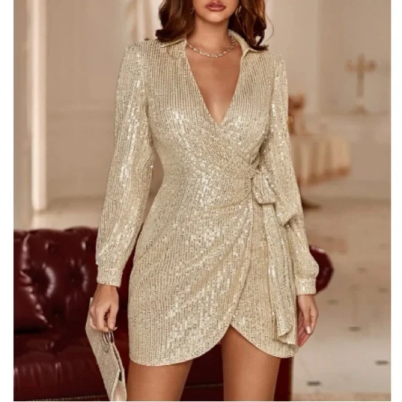 Dresses | Luxe Gold Sequin Knot Side Party Holidays Formal Evening Mini  Dress | Poshmark